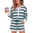 thumbnail image 1 of Lounge Sets for Women Striped Two piece Set Oversized Henley Shirts Drawstring Shorts Fashion Matching Sets Women Clothing with Pockets Green L, 1 of 5