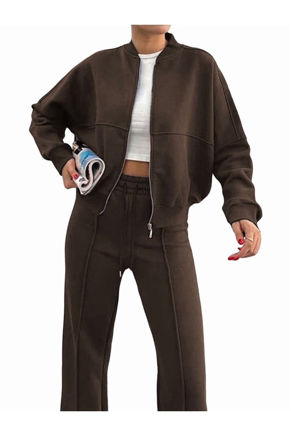 Lounge Sets for Women Sweatsuit 2 Piece Outfits Sweatshirt Wide Leg Sweatpant Tracksuit Matching Set Coffee Color XL