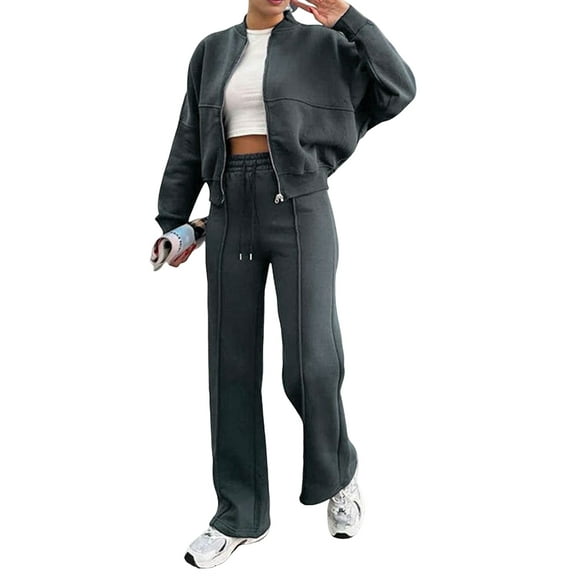 Lounge Sets for Women Sweatsuit 2 Piece Outfits Sweatshirt Wide Leg Sweatpant Tracksuit Matching Set Dark Gray L