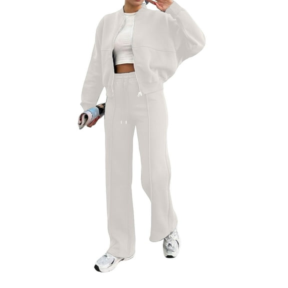 Lounge Sets for Women Sweatsuit 2 Piece Outfits Sweatshirt Wide Leg Sweatpant Tracksuit Matching Set White XL
