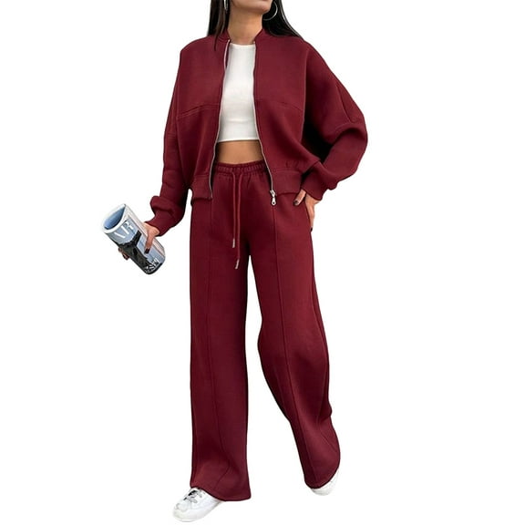 Lounge Sets for Women Sweatsuit 2 Piece Outfits Sweatshirt Wide Leg Sweatpant Tracksuit Matching Set Wine Red XXL