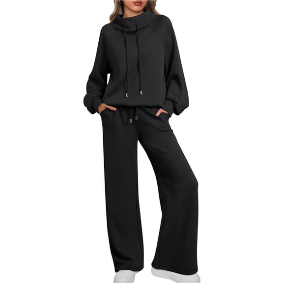 Lounge Sets for Women Sweatsuits 2 Piece Outfits Fall Drawstring Sweatshirt Wide Leg Sweatpants Tracksuit Black XL