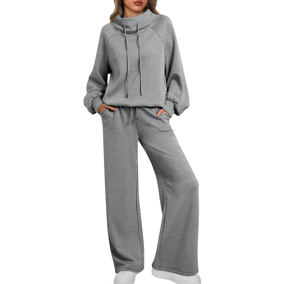 Lounge Sets for Women Sweatsuits 2 Piece Outfits Fall Drawstring Sweatshirt Wide Leg Sweatpants Tracksuit Gray S