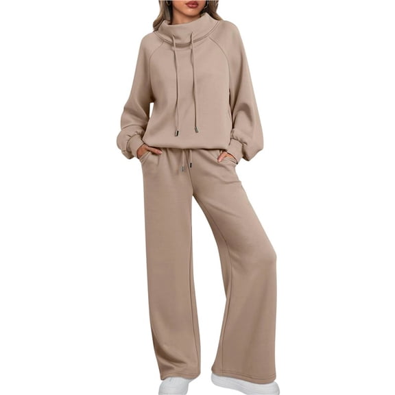 Lounge Sets for Women Sweatsuits 2 Piece Outfits Fall Drawstring Sweatshirt Wide Leg Sweatpants Tracksuit Khaki L