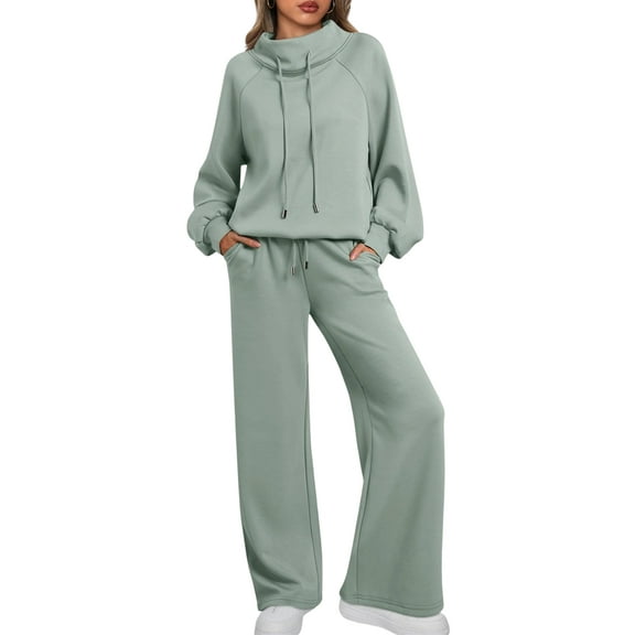 Lounge Sets for Women Sweatsuits 2 Piece Outfits Fall Drawstring Sweatshirt Wide Leg Sweatpants Tracksuit Light Green S