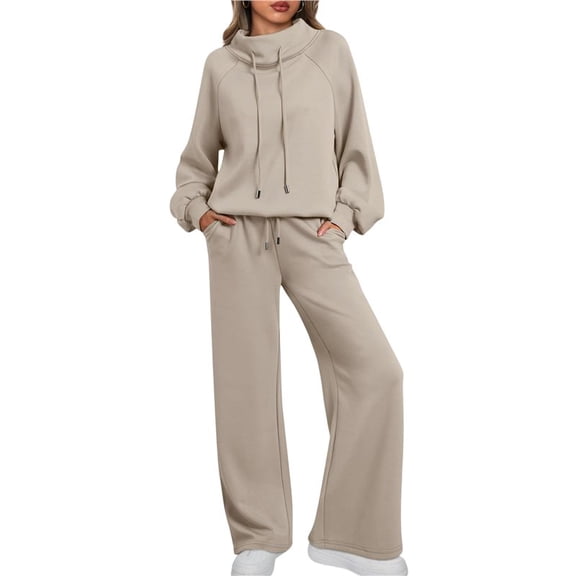 Lounge Sets for Women Sweatsuits 2 Piece Outfits Fall Drawstring Sweatshirt Wide Leg Sweatpants Tracksuit Light Khaki XL