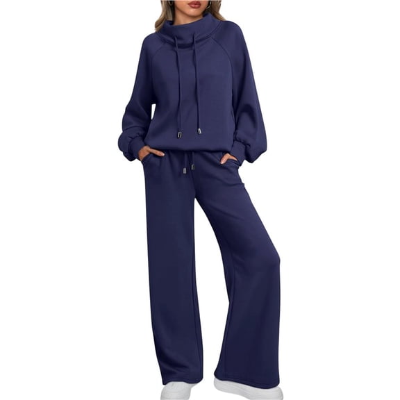 Lounge Sets for Women Sweatsuits 2 Piece Outfits Fall Drawstring Sweatshirt Wide Leg Sweatpants Tracksuit Navy Blue XL
