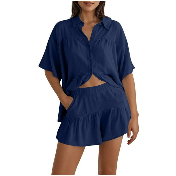 Lounge Sets for Women Trendy Plus Size Short Sleeve Turtleneck Ruffle Elastic Waist Tops and Shorts 2 Pieces Outfitswith Pockets Dark Blue L