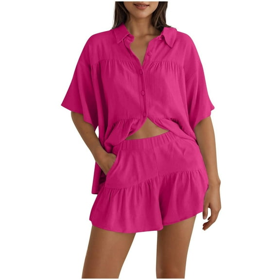 Lounge Sets for Women Trendy Plus Size Short Sleeve Turtleneck Ruffle Elastic Waist Tops and Shorts 2 Pieces Outfitswith Pockets Hot Pink XXL