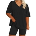 thumbnail image 1 of Lounge Sets for Women Trendy Plus Size Short Sleeve V-Neck Lounge Shirt and Shorts Sets for Women Casual Loose Fitness Outfits Black 3XL, 1 of 4