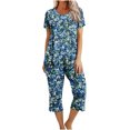 thumbnail image 1 of Lounge Sets for Women Two Piece Casual Floral Print Short Sleeved Round Neck and Cropped Pants Set, 1 of 7