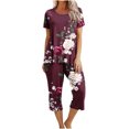 thumbnail image 1 of Lounge Sets for Women Two Piece Casual Floral Print Short Sleeved Round Neck and Cropped Pants Set, 1 of 7