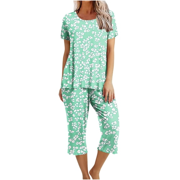 Lounge Sets for Women Two Piece Casual Floral Print Short Sleeved Round Neck and Cropped Pants Set