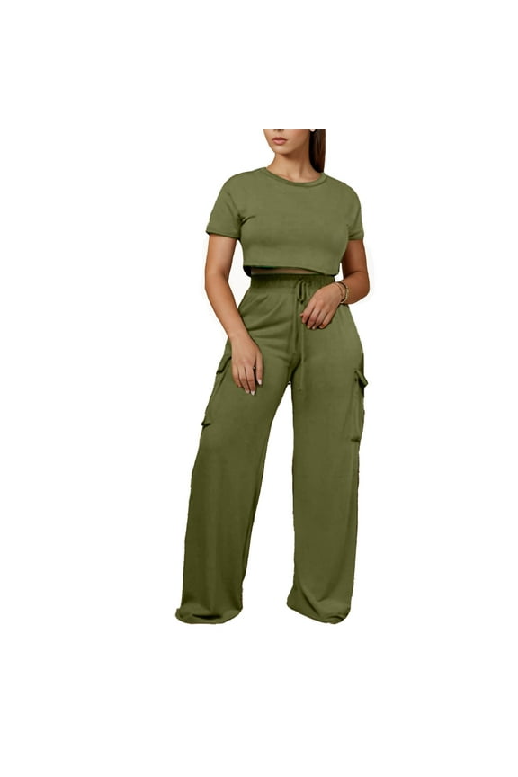 Lounge Sets for Women Two Piece Casual Summer Crew Neck Short Sleeve and Long Pants Solid Color Suit