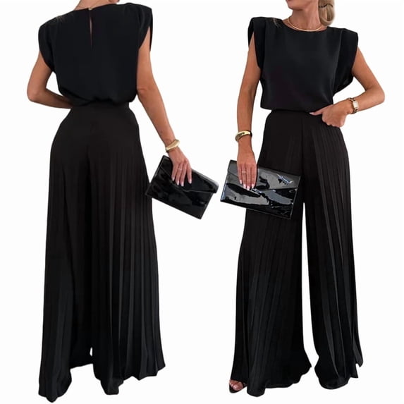 Lounge Sets for Women Two Piece Outfits Knit Cap Sleeve Tops Wide Leg Pleated Pants Black L