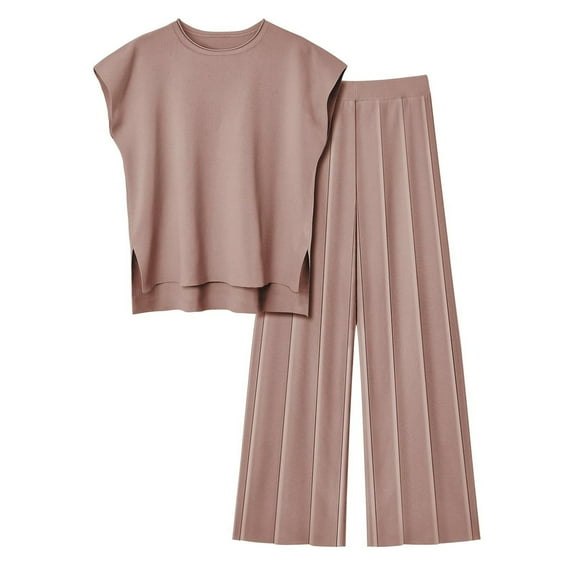 Lounge Sets for Women Two Piece Outfits Knit Cap Sleeve Tops Wide Leg Pleated Pants Casual Dressy Sweater Sets