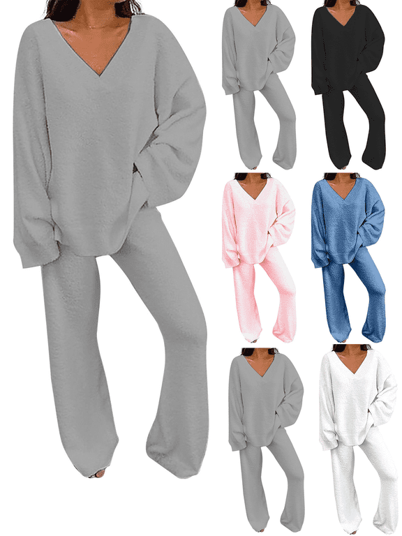 Lounge Sets for Women Two Piece Outfits Long Sleeve Solid Color Tops With High Waist Pants Baggy Warm Pajama Sets