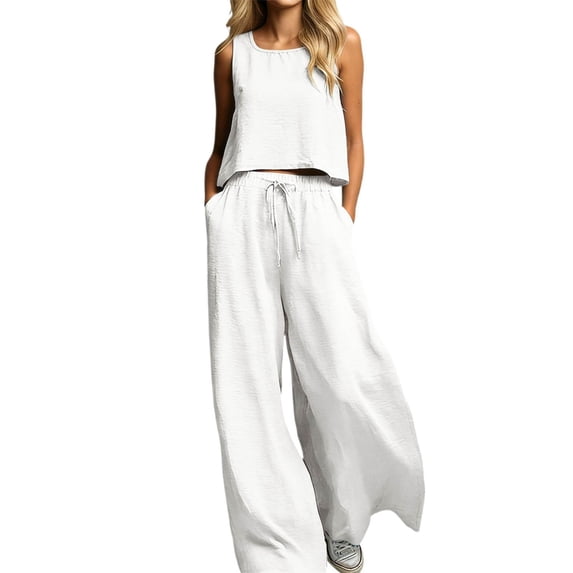 Lounge Sets for Women Two Piece Outfits Summer Round-Neck Sleeveless Top and Long Pants Casual Loose Sets