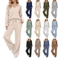 thumbnail image 1 of Lounge Sets for Women Vacation Travel Outfits Fashion Solid-Color Long Sleeve Turndown Collar Top Elastic Waist Pants Sets, 1 of 8