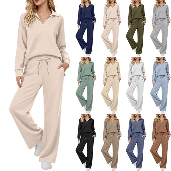 Lounge Sets for Women Vacation Travel Outfits Fashion Solid-Color Long Sleeve Turndown Collar Top Elastic Waist Pants Sets