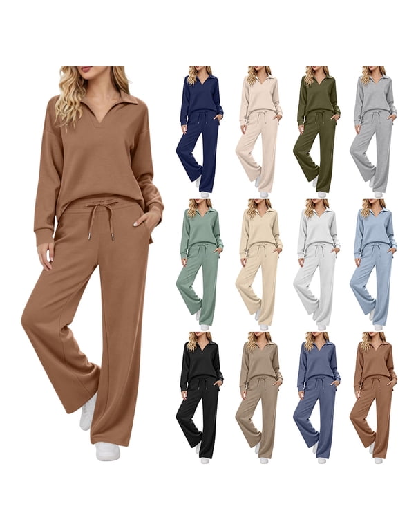 Lounge Sets for Women Vacation Travel Outfits Fashion Solid-Color Long Sleeve Turndown Collar Top Elastic Waist Pants Sets