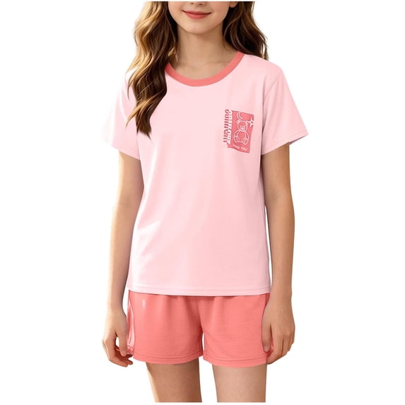 Lounge Shorts Sets Boys Girls Casual 2 Piece Color Block Short Sleeve Tshirts Loose Cotton Nightwear Pink, 9 Y