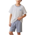 thumbnail image 1 of Lounge Shorts Sets Boys Girls Casual 2 Piece Striped Short Sleeve Tshirts Loose Cotton Nightwear Light Blue, 5 Y, 1 of 6