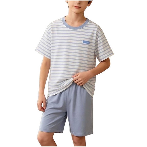 Lounge Shorts Sets Boys Girls Casual 2 Piece Striped Short Sleeve Tshirts Loose Cotton Nightwear Light Blue, 5 Y