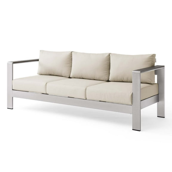 Lounge Sofa, Aluminum, Metal, Steel, Silver Beige, Modern Contemporary Urban Design, Outdoor Patio Balcony Cafe Bistro Garden Furniture Hotel Hospitality