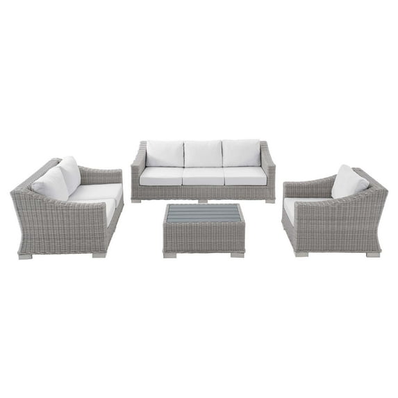 Lounge Sofa Chair Table Set, Rattan, Wicker, Light Grey Gray White, Modern Contemporary Urban Design, Outdoor Patio Balcony Cafe Bistro Garden Furniture Hotel Hospitality
