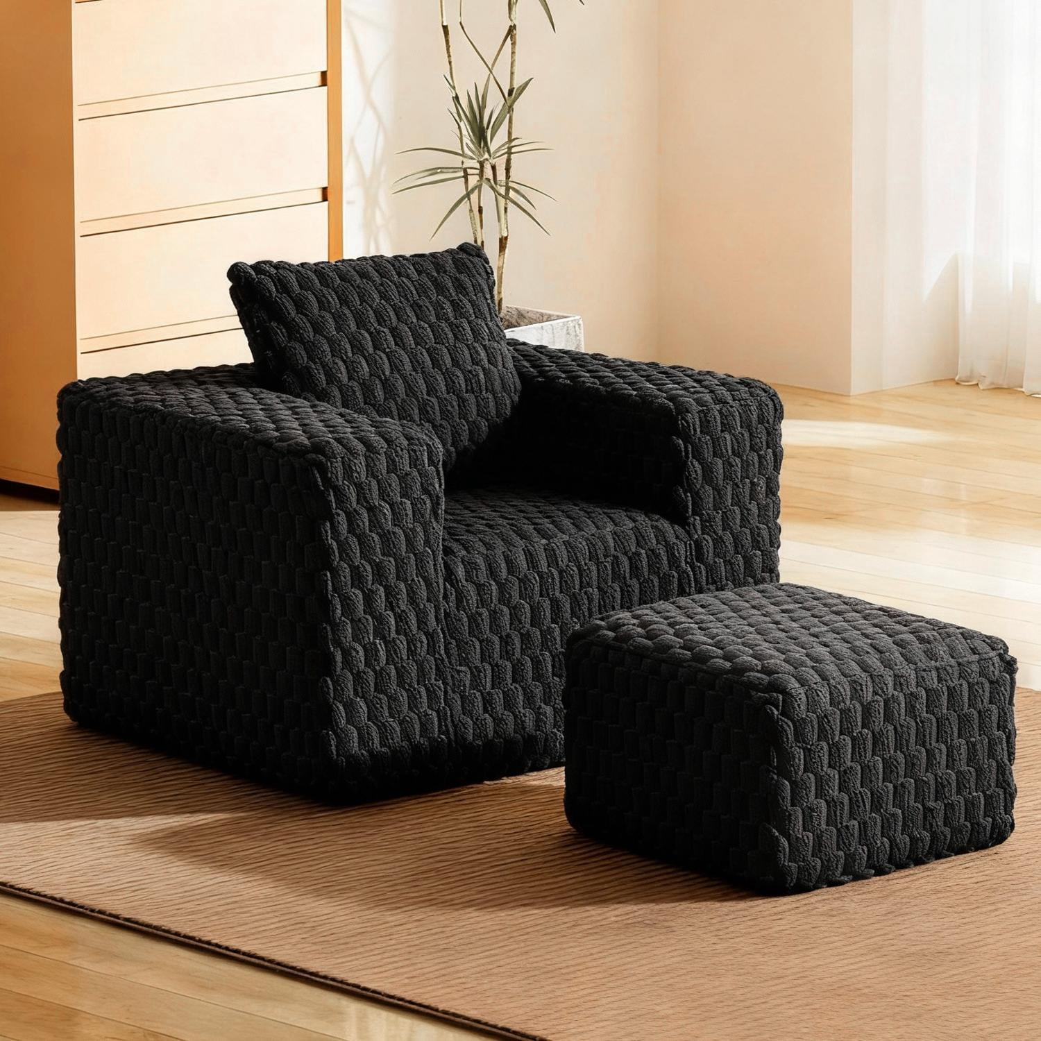 Lounge Sofa, Single Sofa, Boneless Chair with Ottoman and High Backrest, High-Density Foam Filled, No Assembly Required for Living Room, Compact Spaces, 43 Inch Wide, Black