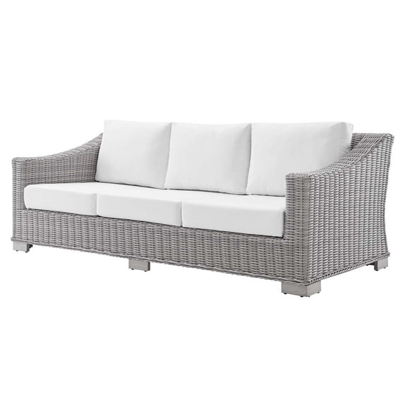 Lounge Sofa, Sunbrella, Rattan, Wicker, Light Grey Gray White, Modern Contemporary Urban Design, Outdoor Patio Balcony Cafe Bistro Garden Furniture Hotel Hospitality