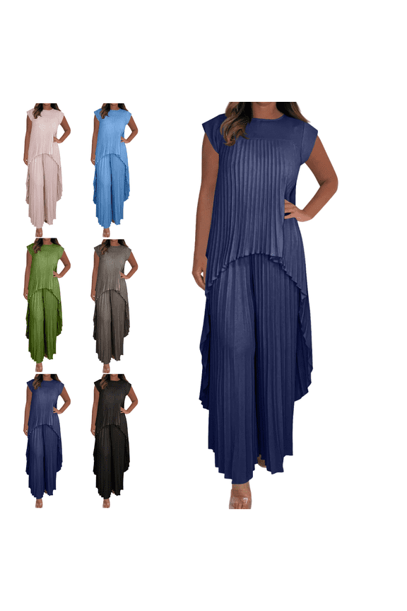 Lounge Stain Sets for Women Trendy 2 Piece Ruffled Sleeveless Crewneck High Low Hem Tops Loose Blouse Oversized Wide Leg Pants Casual Pleated Outfits Tracksuit