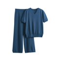 thumbnail image 1 of Lounge Summer Outfits Womens 2 Piece Sets Loose Fit Short Sleeve V Neck Tops and Wide Leg Ribbed Pants Suits One Size (Free Size, Blue), 1 of 4