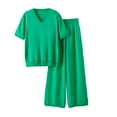 thumbnail image 1 of Lounge Summer Outfits Womens 2 Piece Sets Loose Fit Short Sleeve V Neck Tops and Wide Leg Ribbed Pants Suits One Size (Free Size, Green), 1 of 4