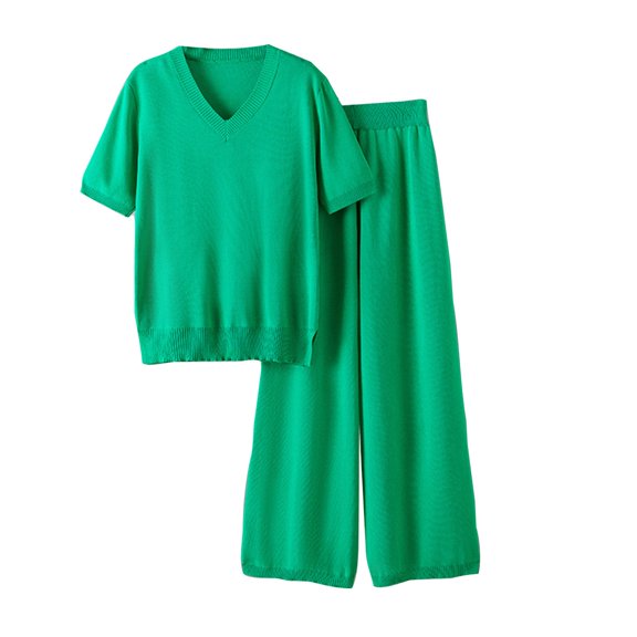 Lounge Summer Outfits Womens 2 Piece Sets Loose Fit Short Sleeve V Neck Tops and Wide Leg Ribbed Pants Suits One Size (Free Size, Green)