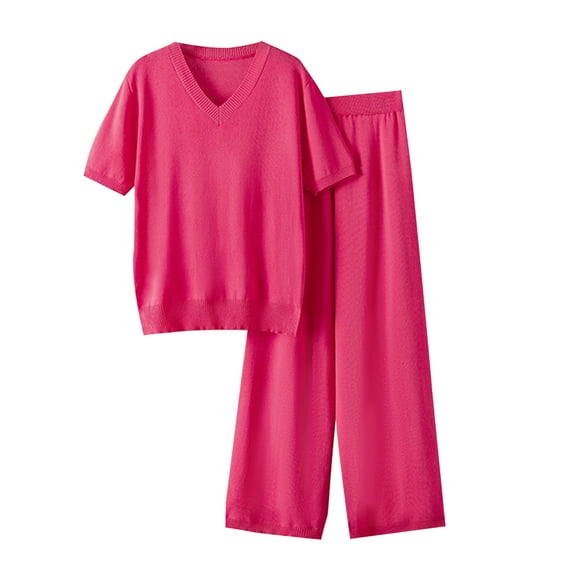 Lounge Summer Outfits Womens 2 Piece Sets Loose Fit Short Sleeve V Neck Tops and Wide Leg Ribbed Pants Suits One Size (Free Size, Hot Pink)