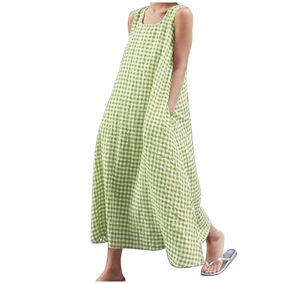 Lounge Sundress for Women Elegant Sleeveless Plaid A Line Tank Dress Beach Loose Fit Casual Cotton Linen Sundress
