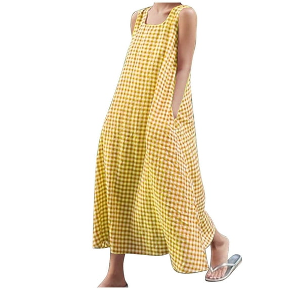Lounge Sundress for Women Elegant Sleeveless Plaid A Line Tank Dress Beach Loose Fit Casual Cotton Linen Sundress