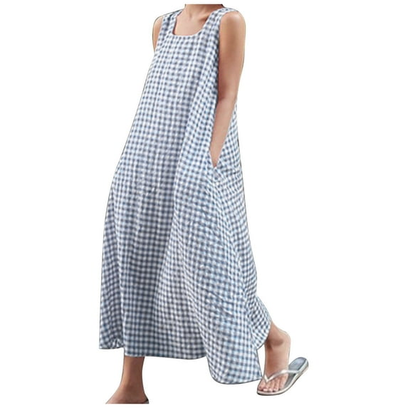Lounge Sundress for Women Elegant Sleeveless Plaid A Line Tank Dress Beach Loose Fit Casual Cotton Linen Sundress