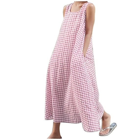 Lounge Sundress for Women Elegant Sleeveless Plaid A Line Tank Dress Beach Loose Fit Casual Cotton Linen Sundress