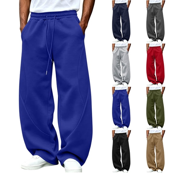 Lounge Sweatpants for Men Wide Leg Elastic Waist Drawstring Curved Seam Design Loose Straight Leg Draped Streetwear Solid Color long Pants with Side Pockets
