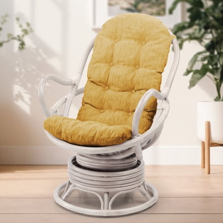 Lounge Swivel Rocking Java Chair Natural Rattan Wicker Handmade with Light Brown Cushion, White Color