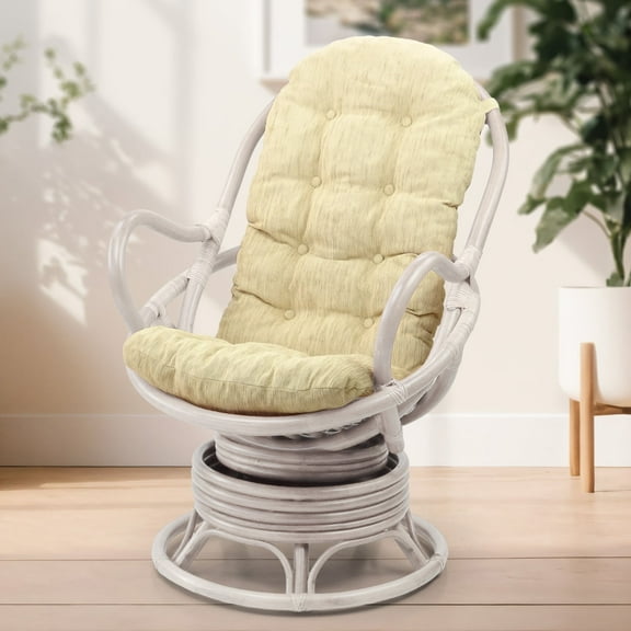 Lounge Swivel Rocking Java Chair Natural Rattan Wicker with Cream Cushion, White Color