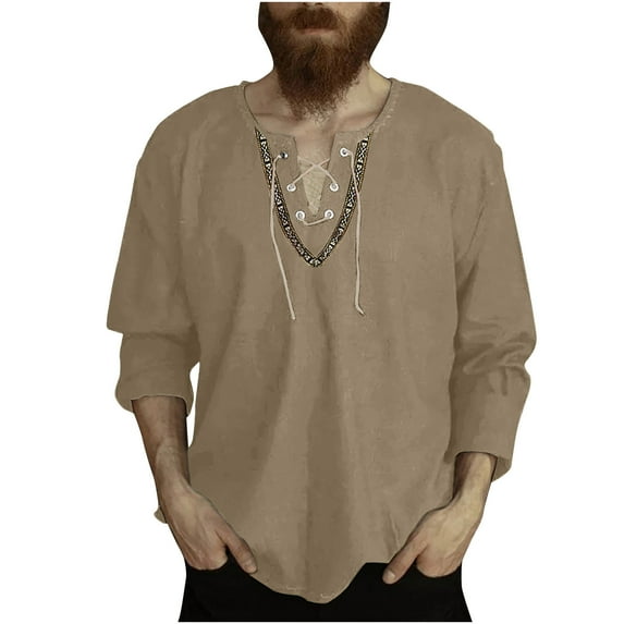 Loose Fit Tee Shirts for Mens Summer Fall Long Sleeve V Neck Faux Linen Casual Vintage Goth Grunge Ruched Tops Shirts Man 2025 Clothes Fashion