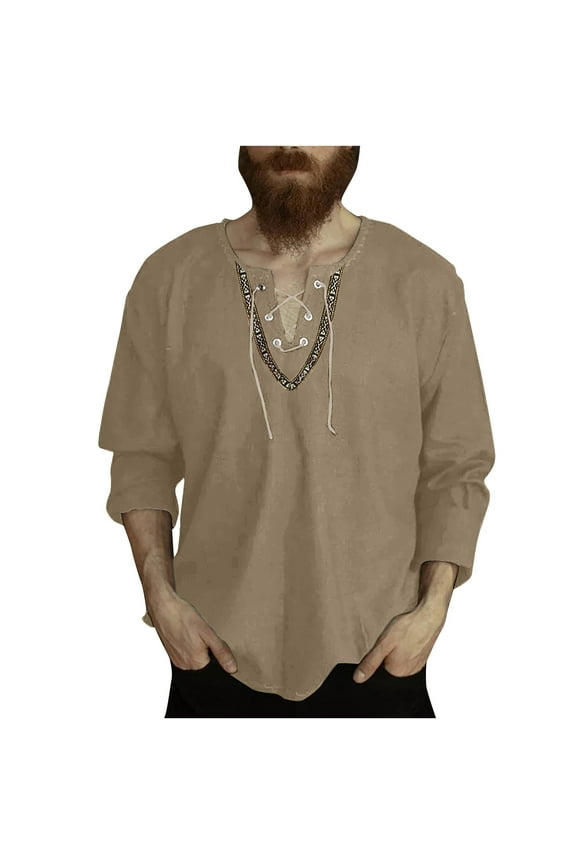 Loose Fit Tee Shirts for Mens Summer Fall Long Sleeve V Neck Faux Linen Casual Vintage Goth Grunge Ruched Tops Shirts Man 2025 Clothes Fashion