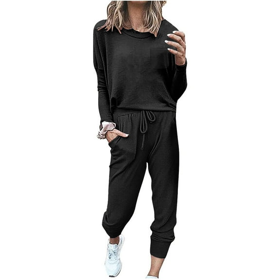 Lounge Wear Sets for Women 2 Piece Tracksuit Womens Full Set Oversized Solid Color Long Sleeve Shirts Jogger Sweatpants Track Sweatshirt Matching Pants Sets Holiday Outfits
