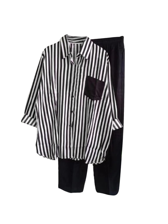 Lounge Wear Sets for Women Long Sleeve Button Down Shirts & Straight Leg Pants Summer Comfy Co Ord Set Tracksuits Ladies Striped Floral Oversized Trousers Suit Beach Going Out Holiday Activewear