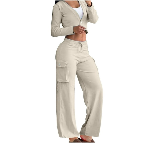 Xdegoge Lounge Wear for Women 2 Piece Full Zip Long Sleeve Hoodies Cropped Cardigan Jacket Outfits Oversized Wide Leg Pants with Pockets Tracksuit Sets