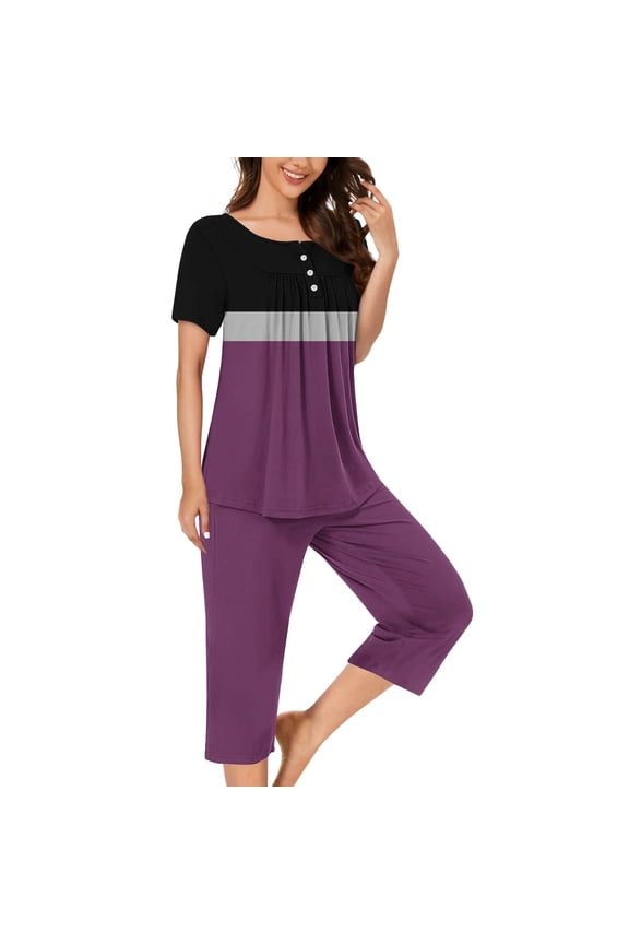 Lounge Wear for Women 2 Piece Set 2 Piece Summer Sets for Women Ladies Pajamas Sets Loose Fit Color Block Lounge Set